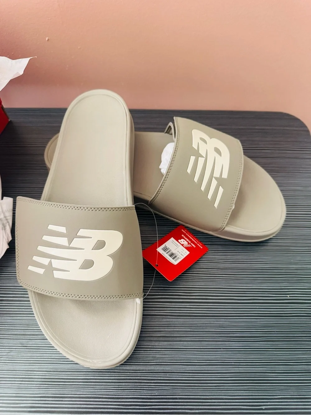 New Balance Taupe Slide Sandals with White Logo
